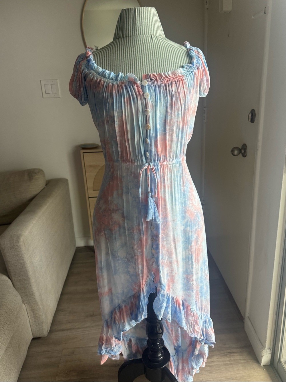 Tiare Hawaii Pastel Blue and Peach Tie-Dye off shoulder maxi dress